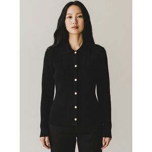 St John Sport Maria Gray Sanatana Knit Gold Button-Up Rib Collared Cardigan Top